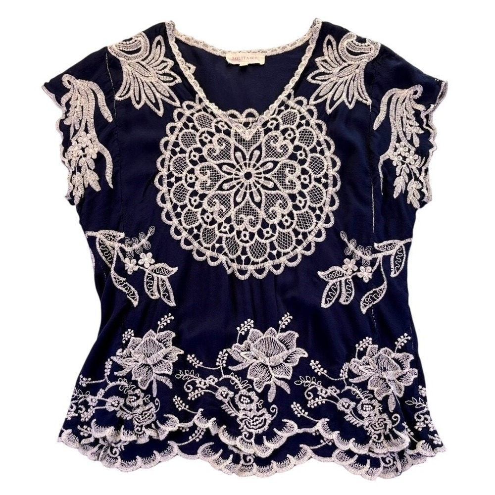 Solitaire Navy Blue Embroidered Scalloped Lace Boho V-Neck Blouse Top L Peasant